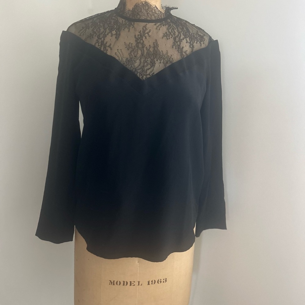 Sandro black silk lace top blouse 0 XS